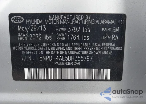 2013 Hyundai Elantra Gls z USA, uszkodzony, nr VIN 5NPDH4AE5DH355797